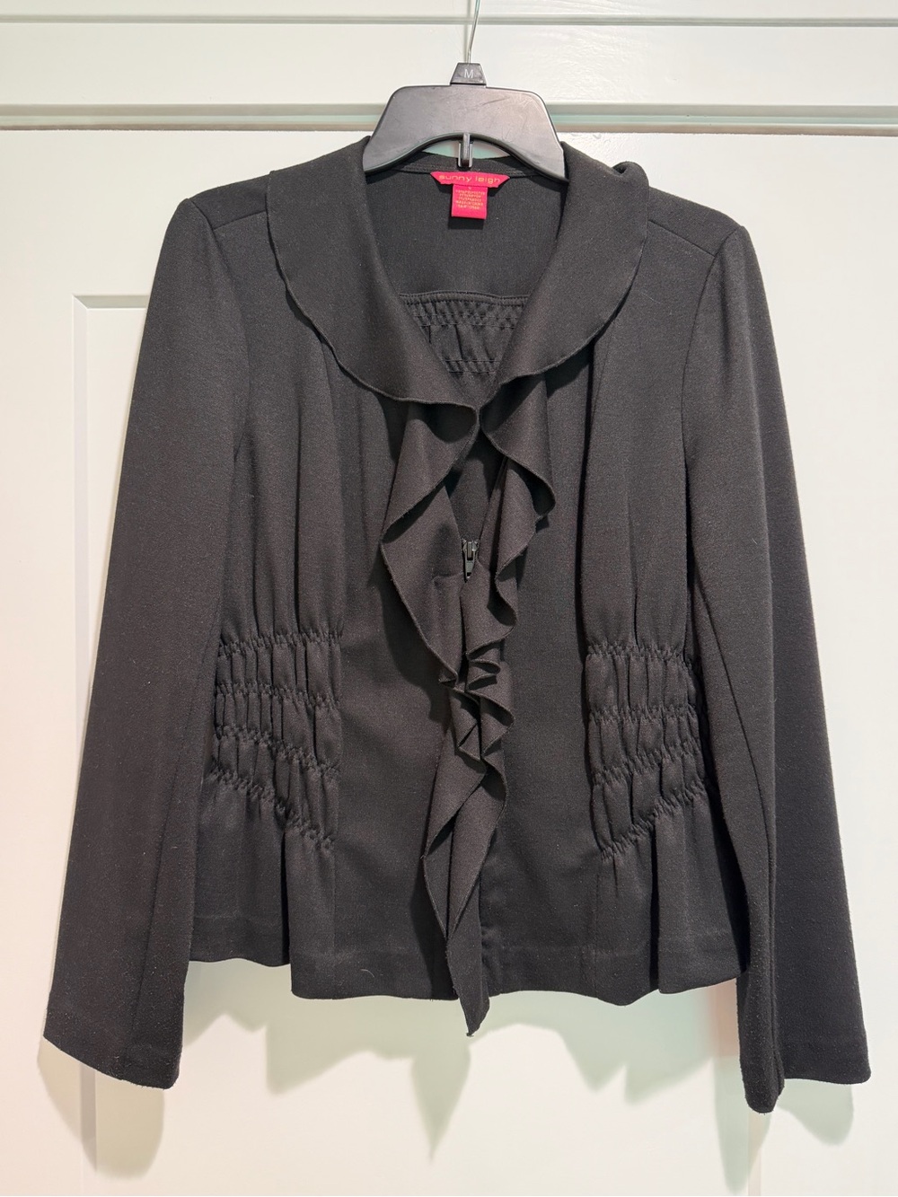 Sunny Leigh Black Ruffle-Front Lite Jacket size Large